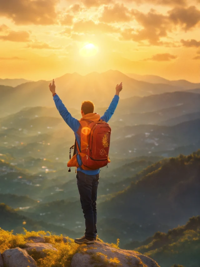 _A jubilant individual standing on a peak with arm (1)