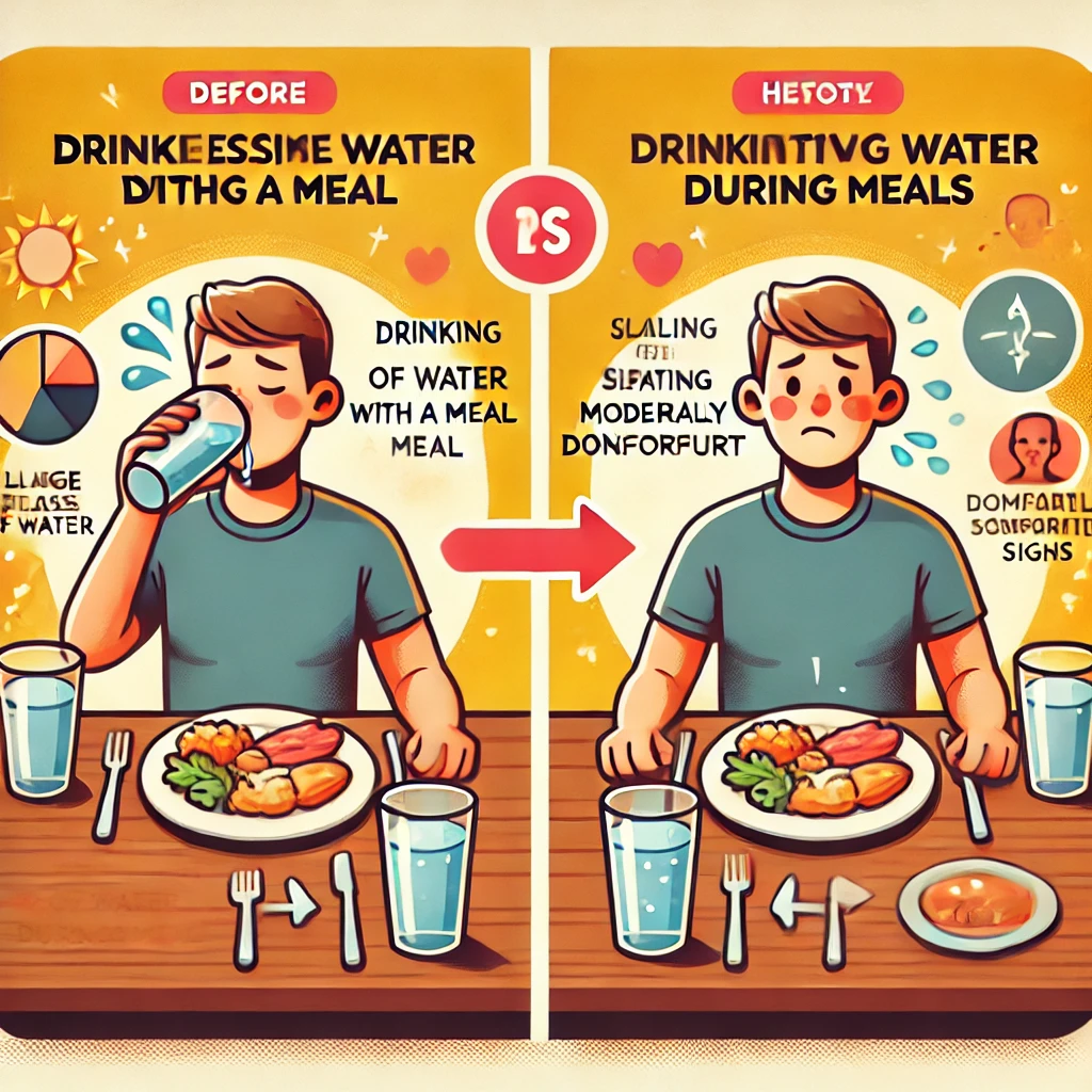 Here is an illustration explaining the effects of drinking water with meals. One side shows excessive water intake leading to discomfort and bloating, while the other side demonstrates moderate sipping, promoting better digestion and comfort.